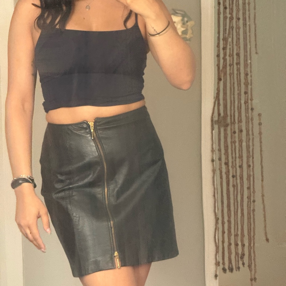 Vintage Black Leather Zip-Front Mini Skirt